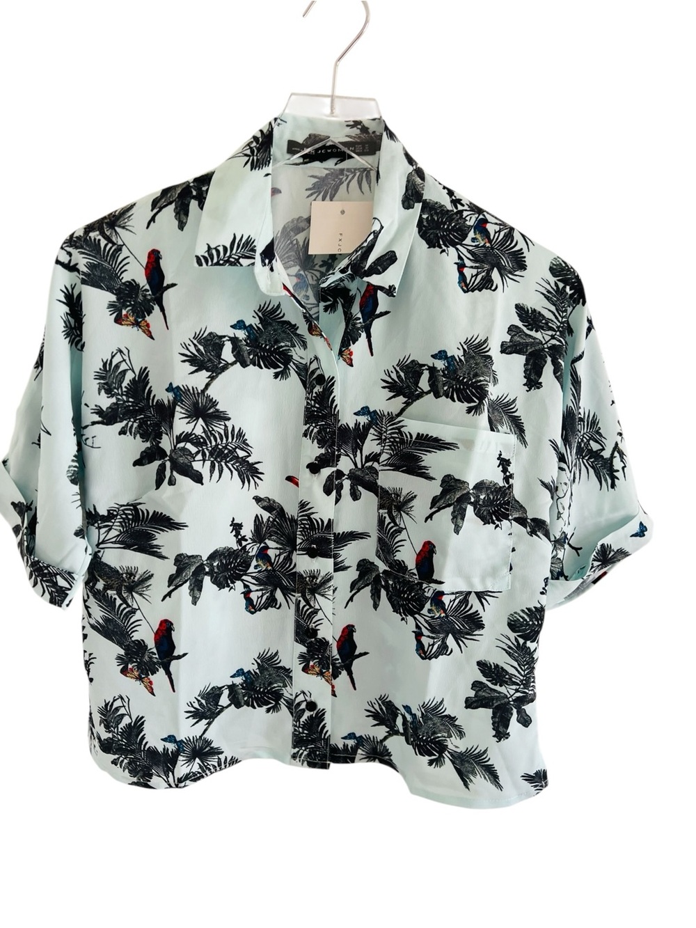 Zara | FXJC Women Light Mint Tropical Parrot Print Button-Up Shirt